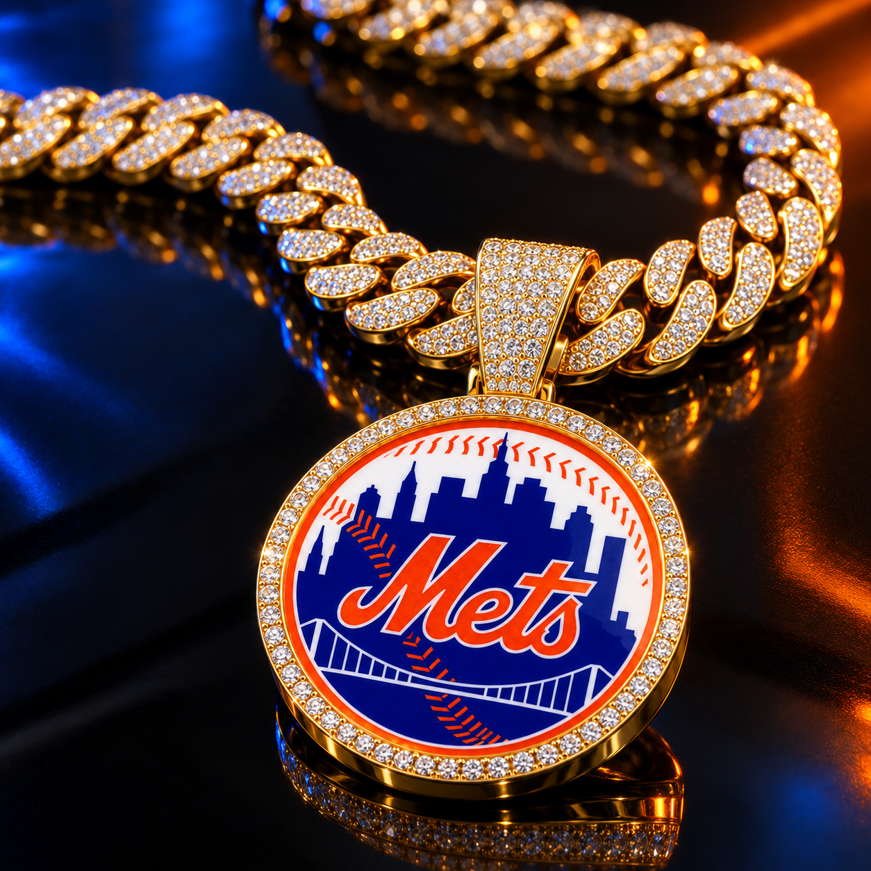 New York Mets Necklace, Gold Iced Cuban Link Chain with Rhinestone Baseball Pendant, NY Mets Fan Jewelry