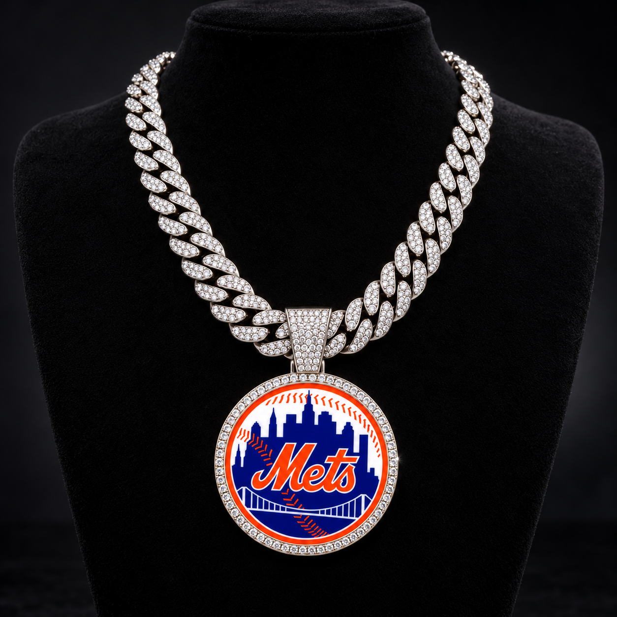 New York Mets Necklace, Gold Iced Cuban Link Chain with Rhinestone Baseball Pendant, NY Mets Fan Jewelry
