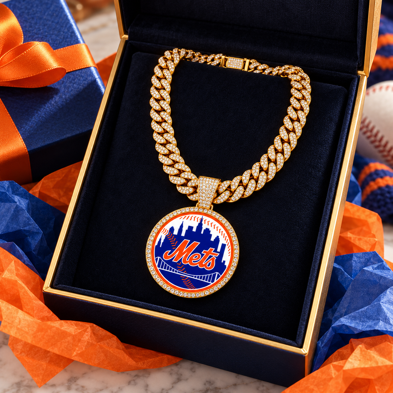 New York Mets Necklace, Gold Iced Cuban Link Chain with Rhinestone Baseball Pendant, NY Mets Fan Jewelry