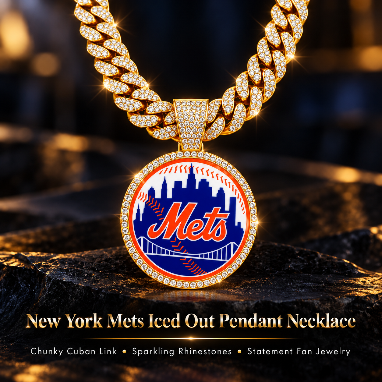 New York Mets Necklace, Gold Iced Cuban Link Chain with Rhinestone Baseball Pendant, NY Mets Fan Jewelry