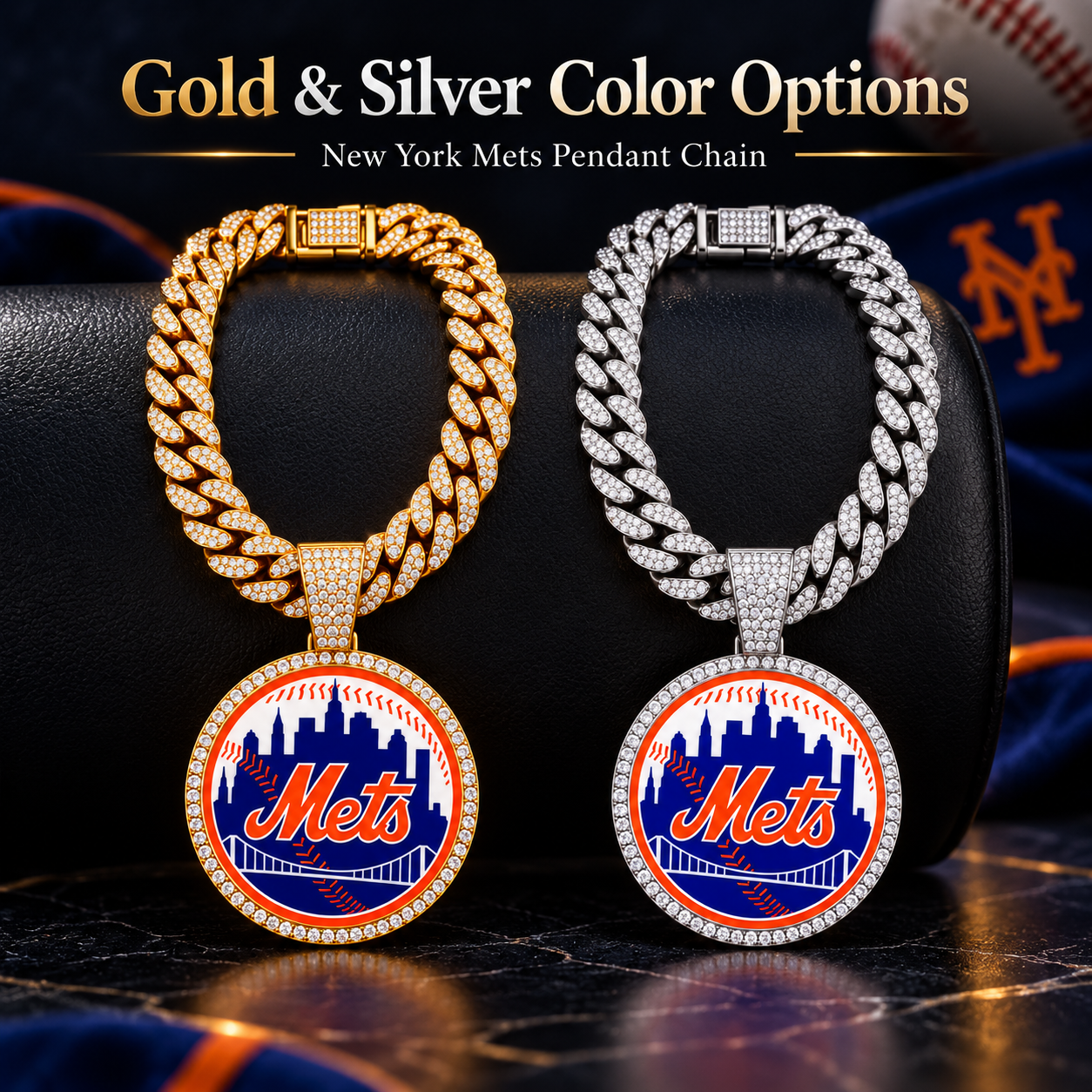 New York Mets Necklace, Gold Iced Cuban Link Chain with Rhinestone Baseball Pendant, NY Mets Fan Jewelry