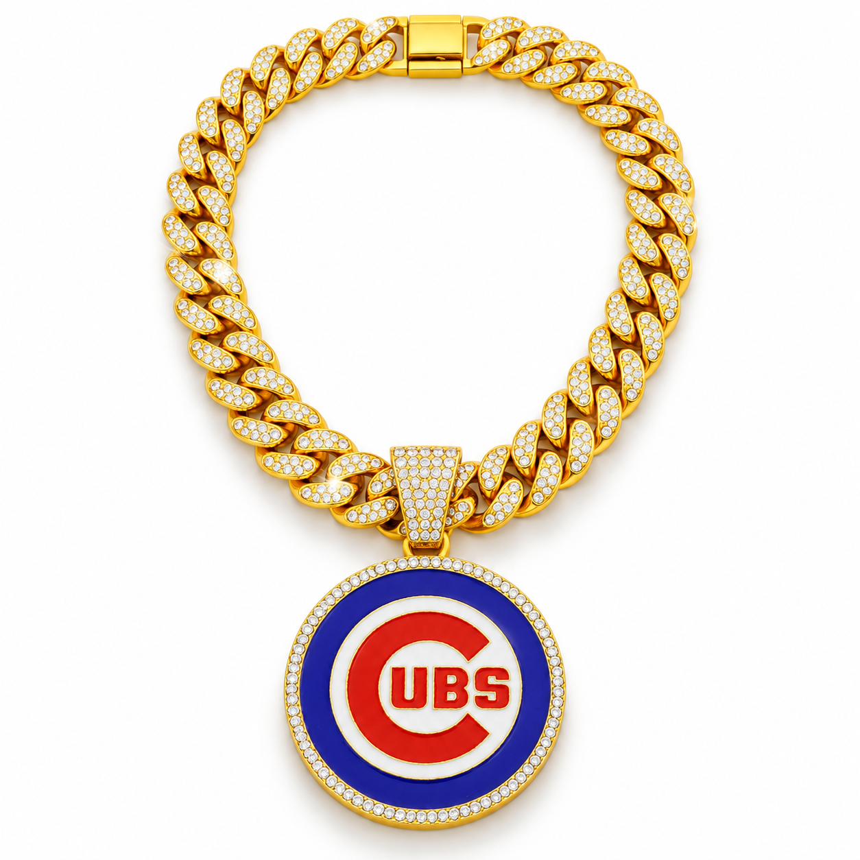 Chicago Cubs Necklace, Gold Iced Cuban Link Chain with Rhinestone Cubs Logo Pendant, Baseball Fan Jewelry