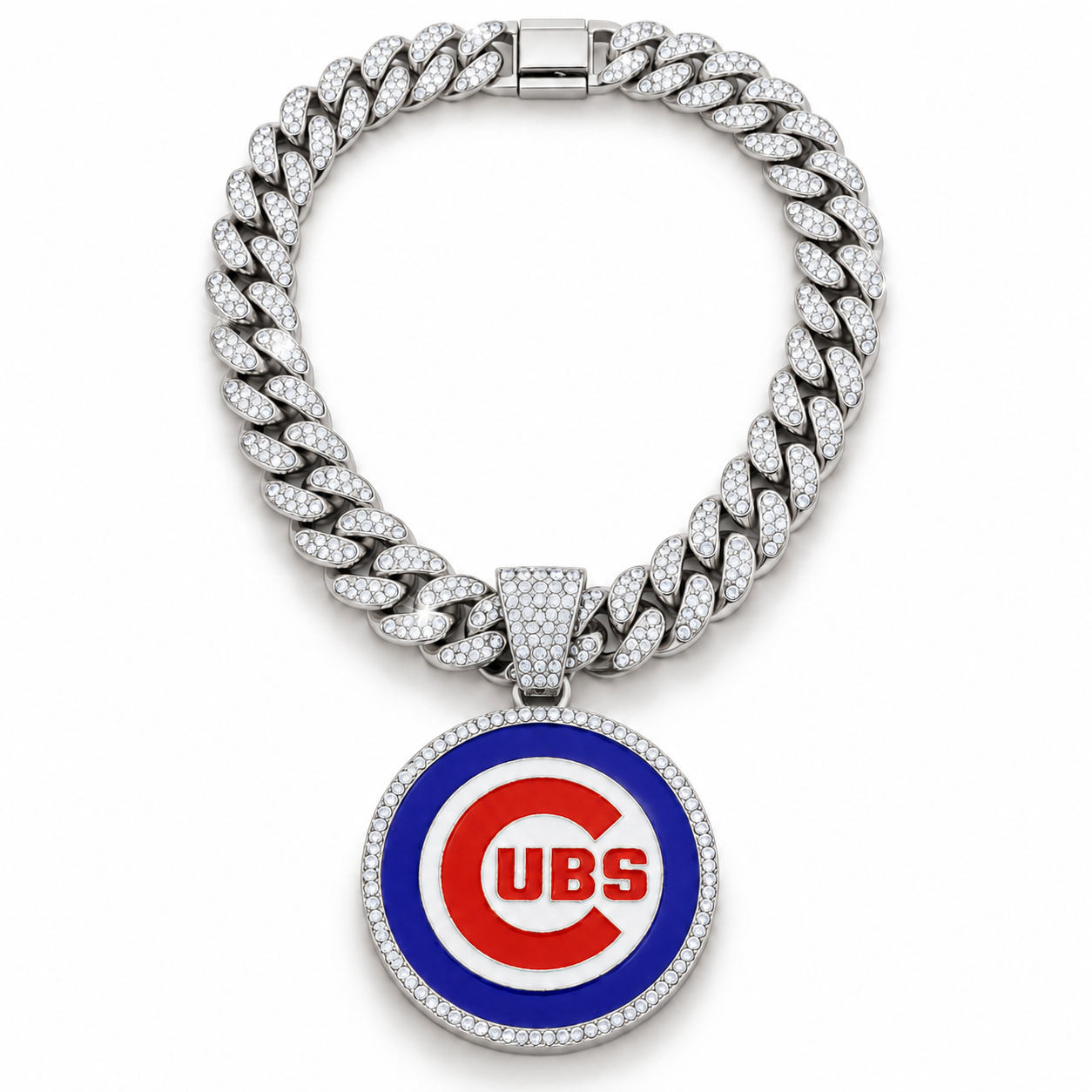Chicago Cubs Necklace, Gold Iced Cuban Link Chain with Rhinestone Cubs Logo Pendant, Baseball Fan Jewelry