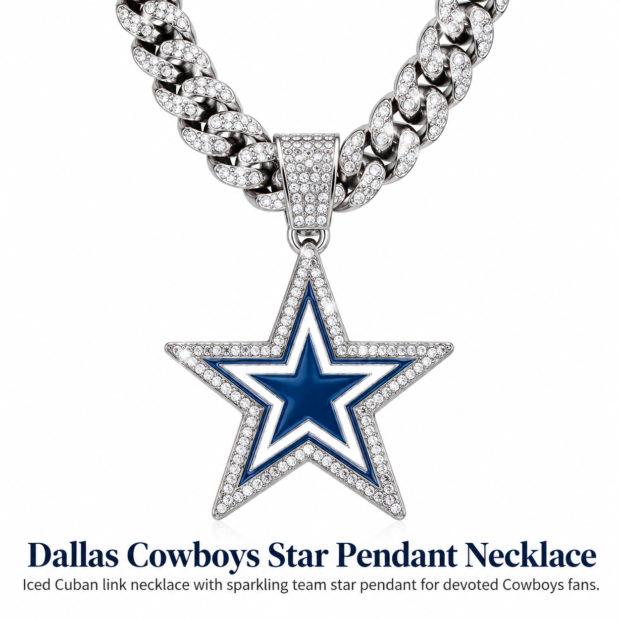 Dallas Cowboys Star Pendant Necklace, Iced Cuban Link Chain, Silver Rhinestone Football Fan Jewelry