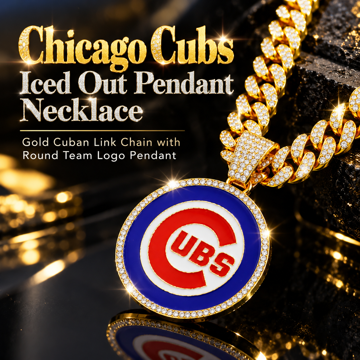 Chicago Cubs Necklace, Gold Iced Cuban Link Chain with Rhinestone Cubs Logo Pendant, Baseball Fan Jewelry