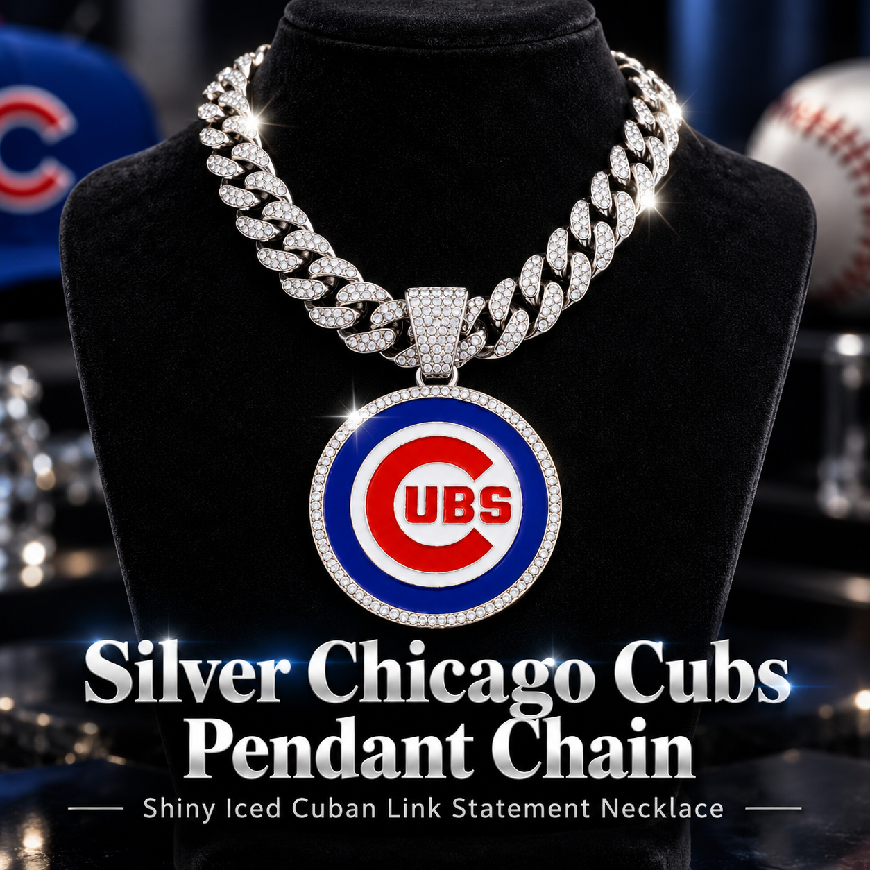 Chicago Cubs Necklace, Gold Iced Cuban Link Chain with Rhinestone Cubs Logo Pendant, Baseball Fan Jewelry