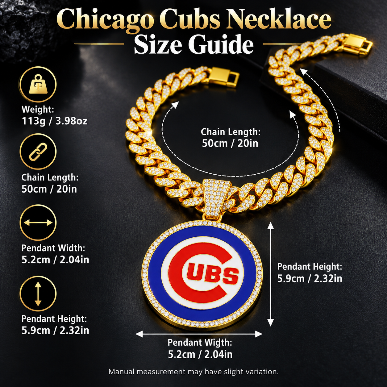 Chicago Cubs Necklace, Gold Iced Cuban Link Chain with Rhinestone Cubs Logo Pendant, Baseball Fan Jewelry