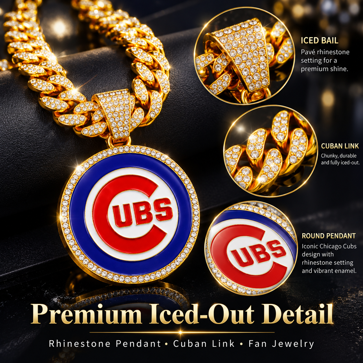 Chicago Cubs Necklace, Gold Iced Cuban Link Chain with Rhinestone Cubs Logo Pendant, Baseball Fan Jewelry