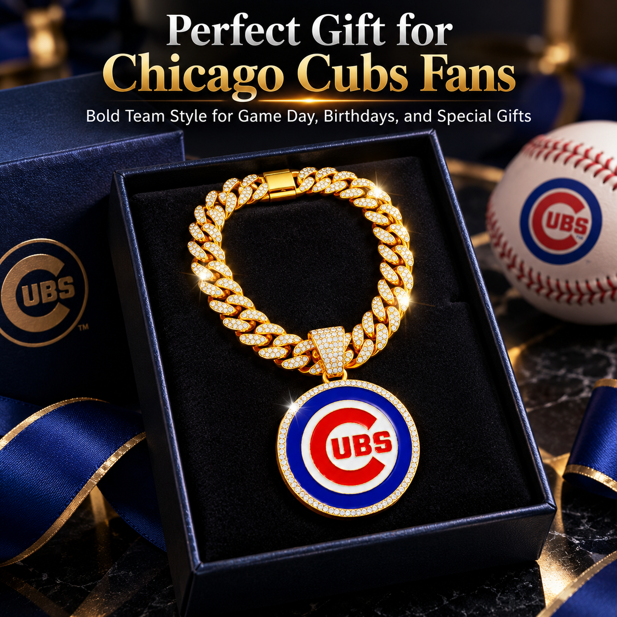 Chicago Cubs Necklace, Gold Iced Cuban Link Chain with Rhinestone Cubs Logo Pendant, Baseball Fan Jewelry