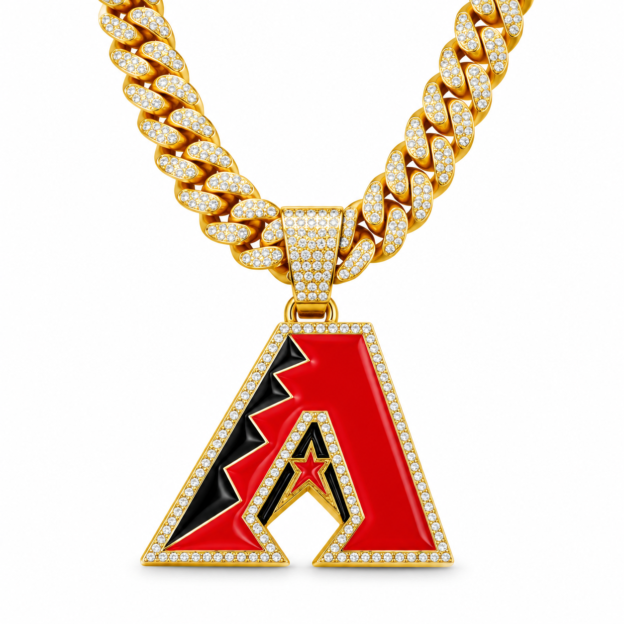 Arizona Diamondbacks Necklace, Gold Iced Cuban Link Chain with Rhinestone A Pendant, Baseball Fan Jewelry