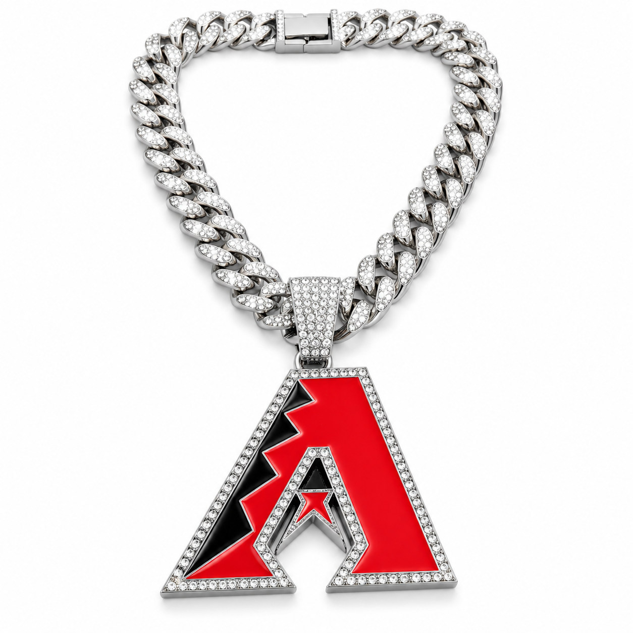 Arizona Diamondbacks Necklace, Gold Iced Cuban Link Chain with Rhinestone A Pendant, Baseball Fan Jewelry