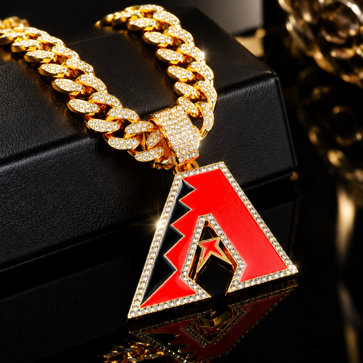 Arizona Diamondbacks Necklace, Gold Iced Cuban Link Chain with Rhinestone A Pendant, Baseball Fan Jewelry