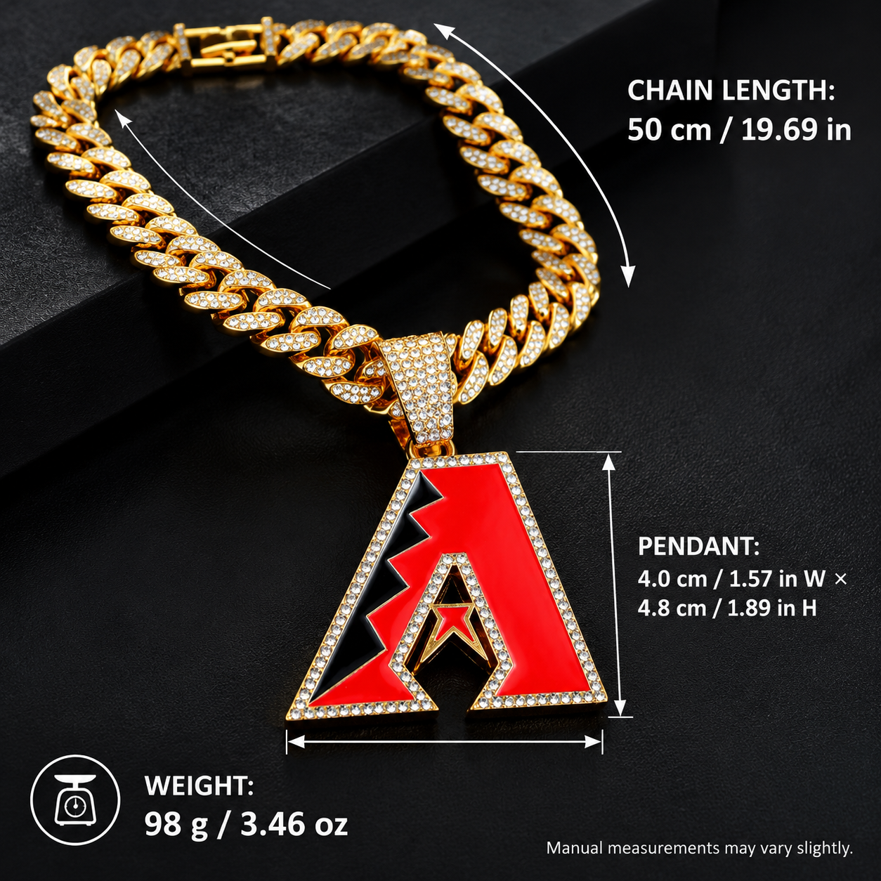 Arizona Diamondbacks Necklace, Gold Iced Cuban Link Chain with Rhinestone A Pendant, Baseball Fan Jewelry