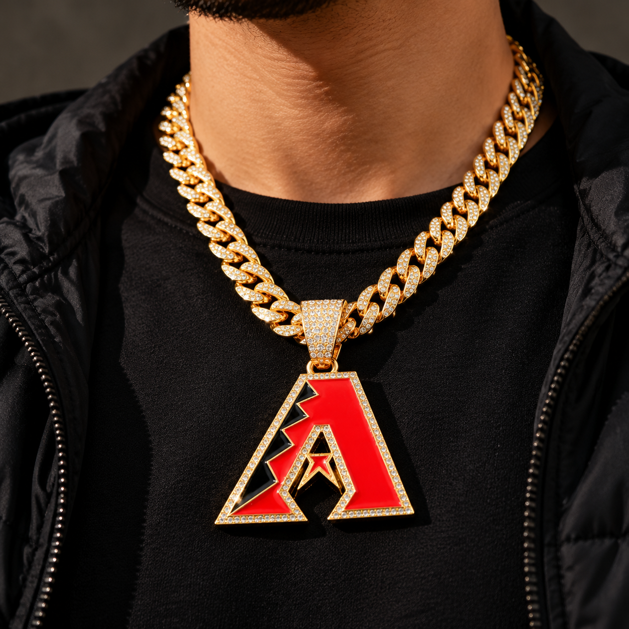 Arizona Diamondbacks Necklace, Gold Iced Cuban Link Chain with Rhinestone A Pendant, Baseball Fan Jewelry