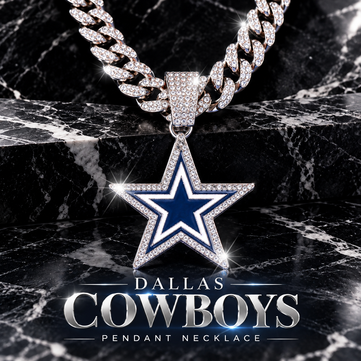 Dallas Cowboys Star Pendant Necklace, Iced Cuban Link Chain, Silver Rhinestone Football Fan Jewelry