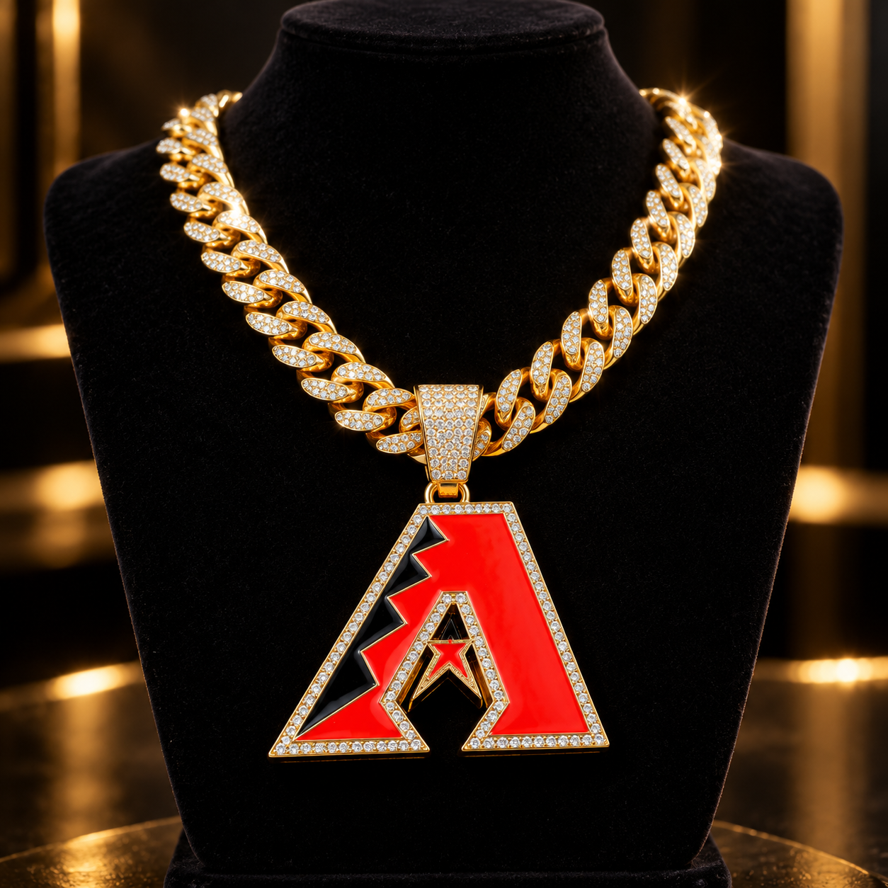 Arizona Diamondbacks Necklace, Gold Iced Cuban Link Chain with Rhinestone A Pendant, Baseball Fan Jewelry