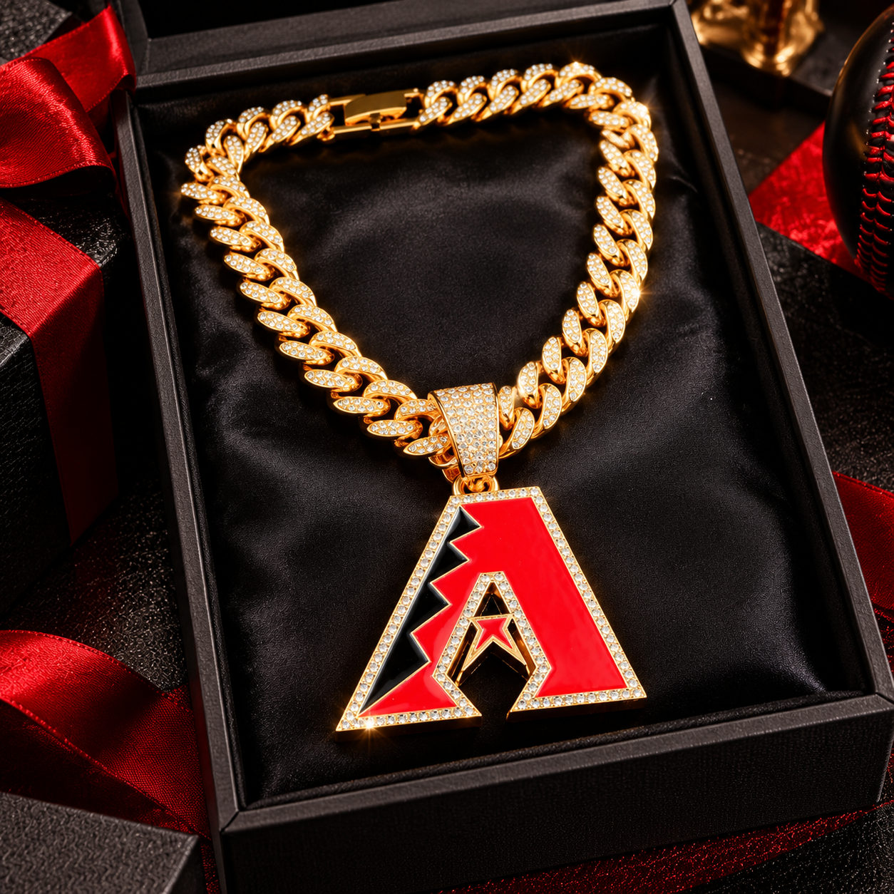 Arizona Diamondbacks Necklace, Gold Iced Cuban Link Chain with Rhinestone A Pendant, Baseball Fan Jewelry