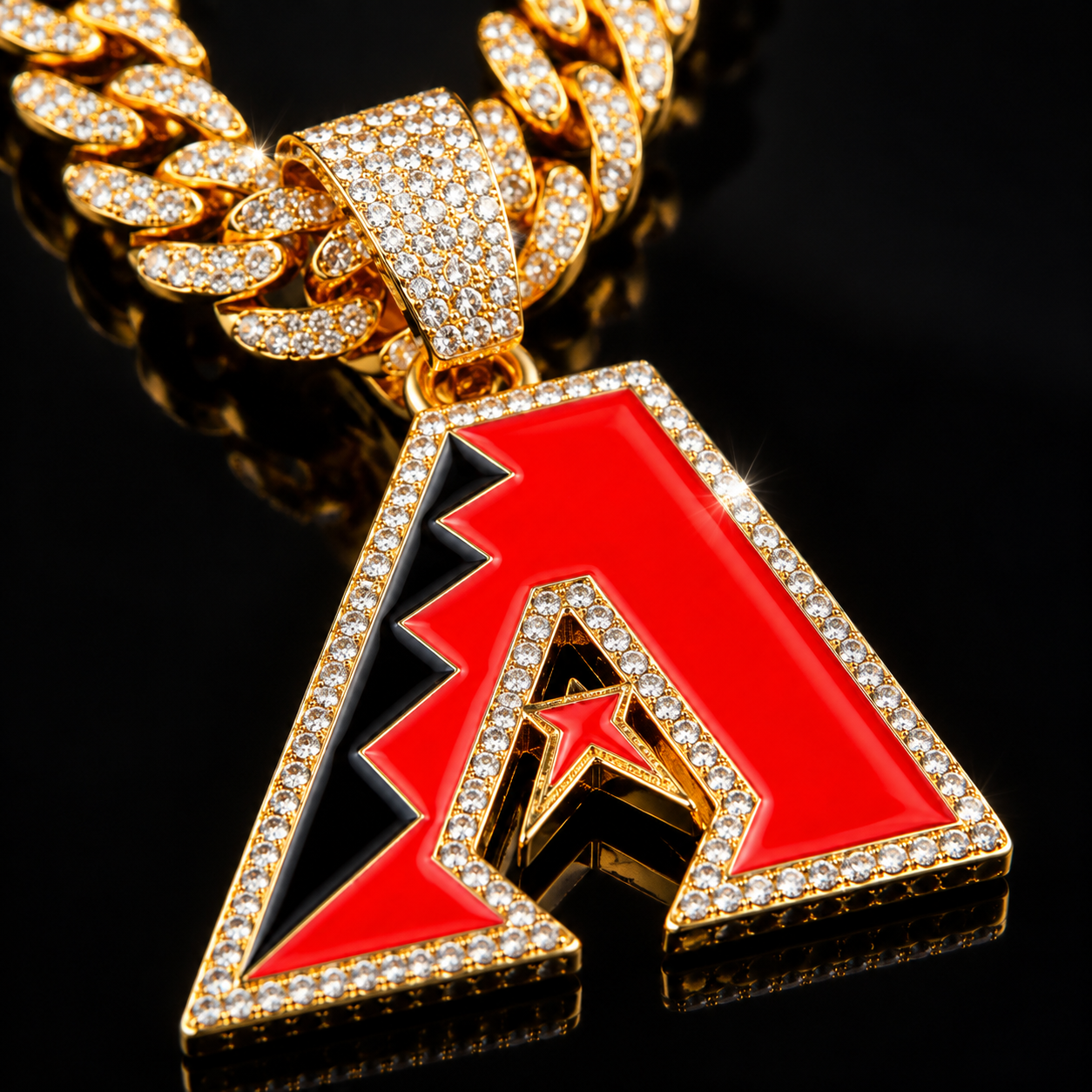 Arizona Diamondbacks Necklace, Gold Iced Cuban Link Chain with Rhinestone A Pendant, Baseball Fan Jewelry