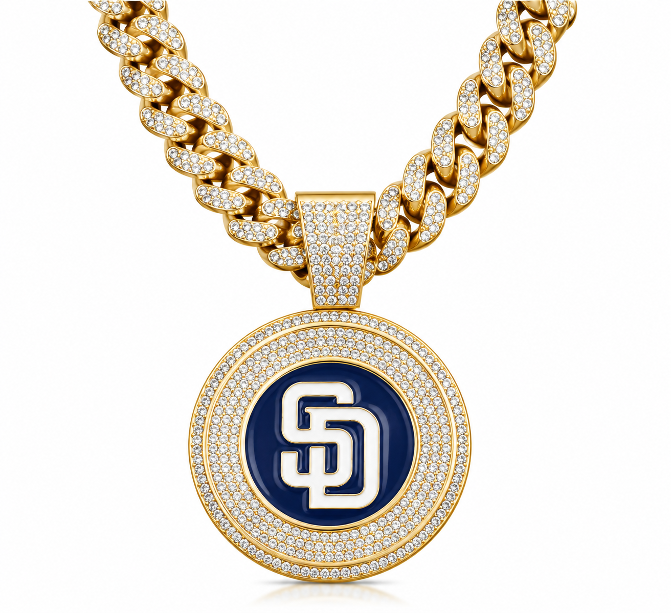 San Diego Padres Necklace, Gold Iced Cuban Link Chain with Rhinestone SD Logo Pendant, Baseball Fan Jewelry