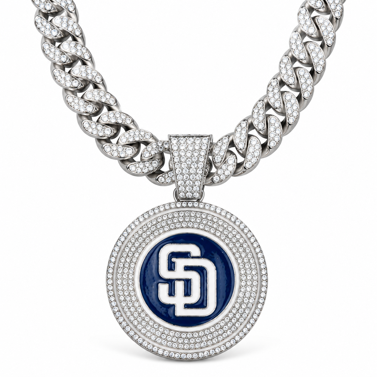 San Diego Padres Necklace, Gold Iced Cuban Link Chain with Rhinestone SD Logo Pendant, Baseball Fan Jewelry