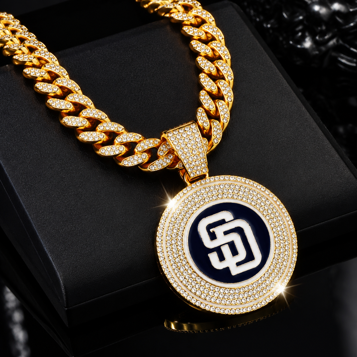 San Diego Padres Necklace, Gold Iced Cuban Link Chain with Rhinestone SD Logo Pendant, Baseball Fan Jewelry