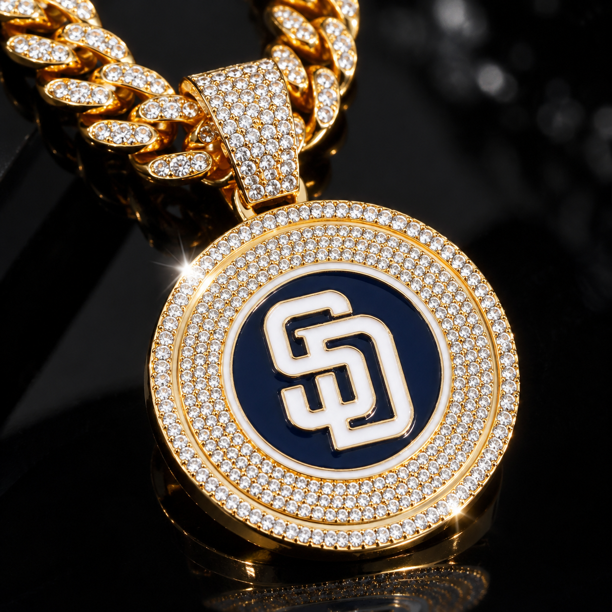 San Diego Padres Necklace, Gold Iced Cuban Link Chain with Rhinestone SD Logo Pendant, Baseball Fan Jewelry