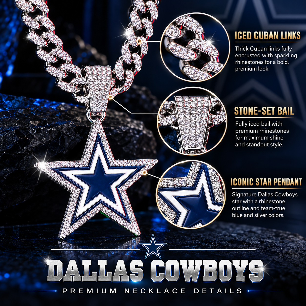 Dallas Cowboys Star Pendant Necklace, Iced Cuban Link Chain, Silver Rhinestone Football Fan Jewelry