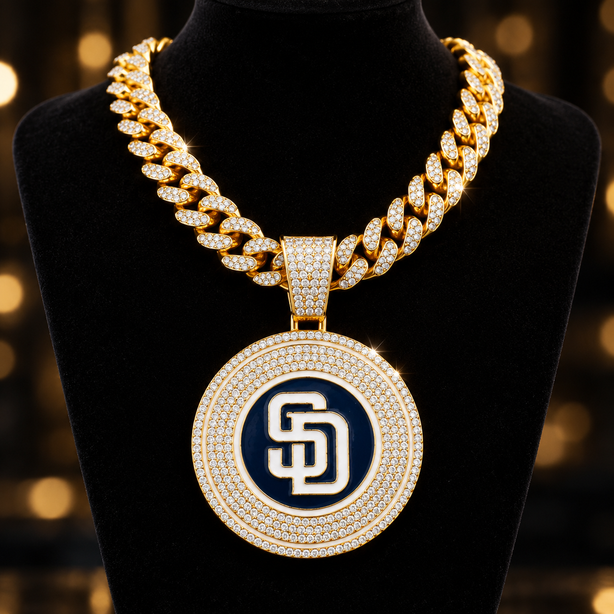 San Diego Padres Necklace, Gold Iced Cuban Link Chain with Rhinestone SD Logo Pendant, Baseball Fan Jewelry