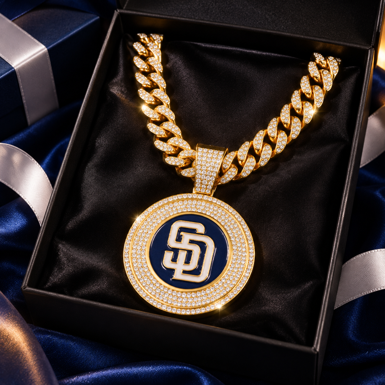 San Diego Padres Necklace, Gold Iced Cuban Link Chain with Rhinestone SD Logo Pendant, Baseball Fan Jewelry
