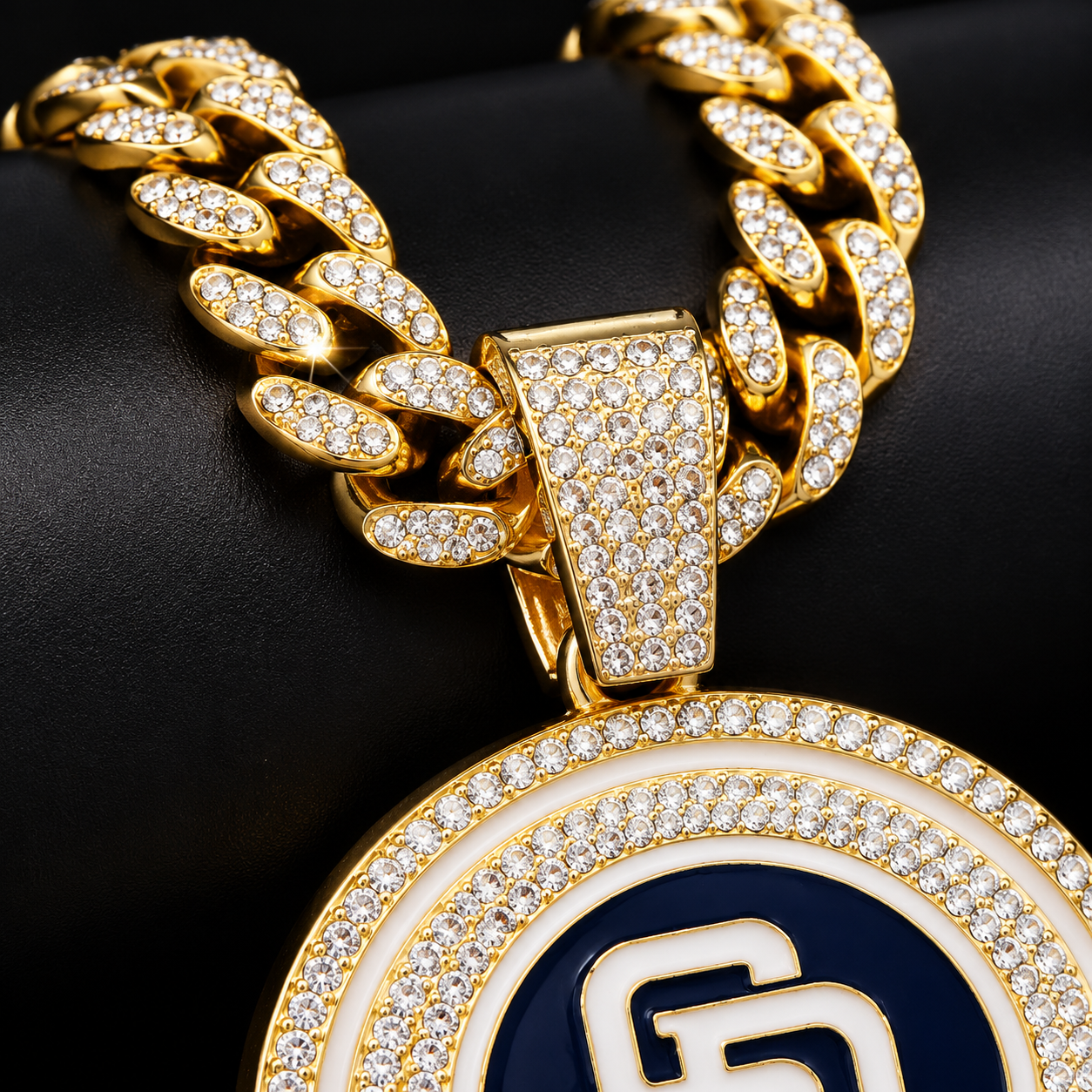 San Diego Padres Necklace, Gold Iced Cuban Link Chain with Rhinestone SD Logo Pendant, Baseball Fan Jewelry