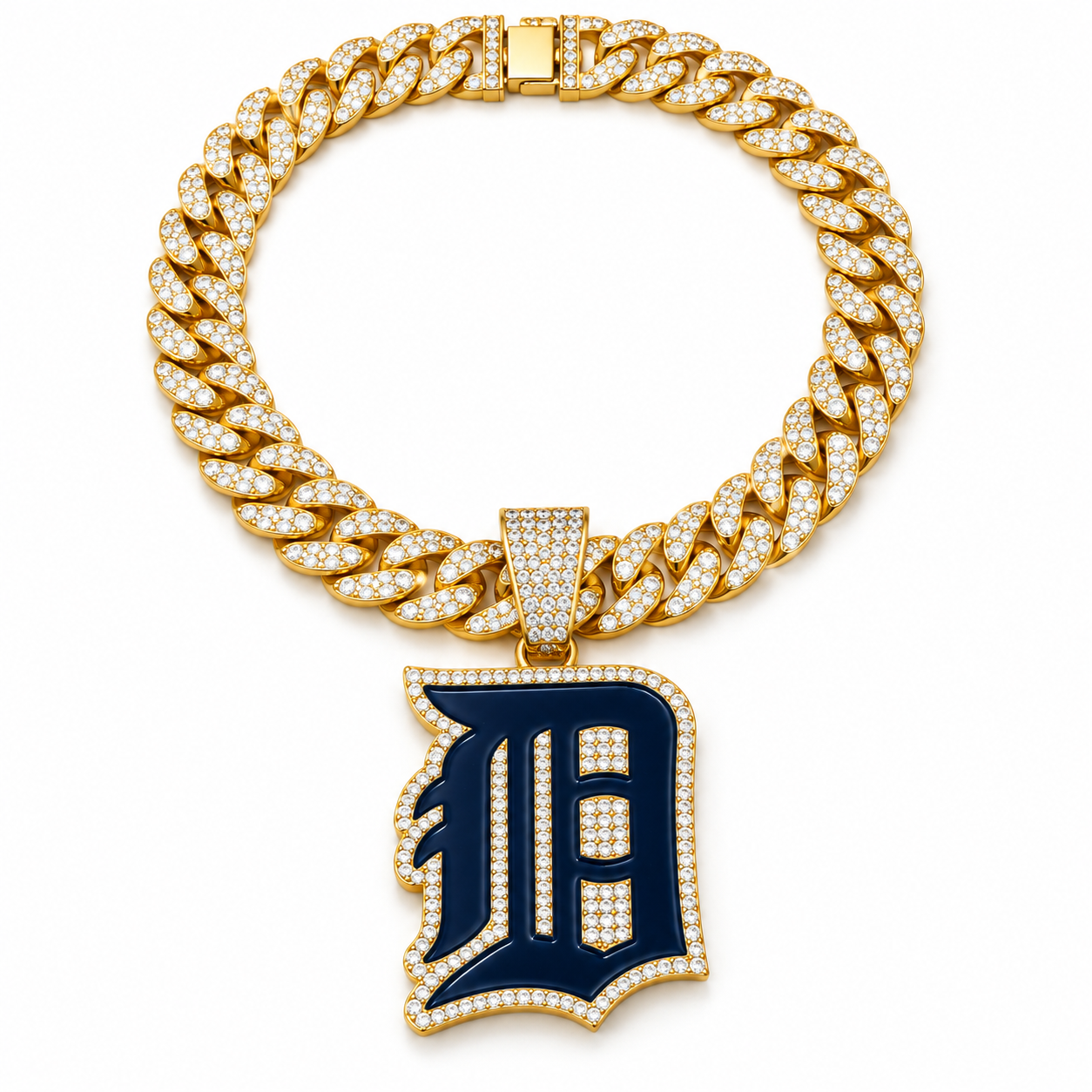 Detroit Tigers Necklace, Gold Iced Cuban Link Chain with Rhinestone Old English D Pendant, Baseball Fan Jewelry
