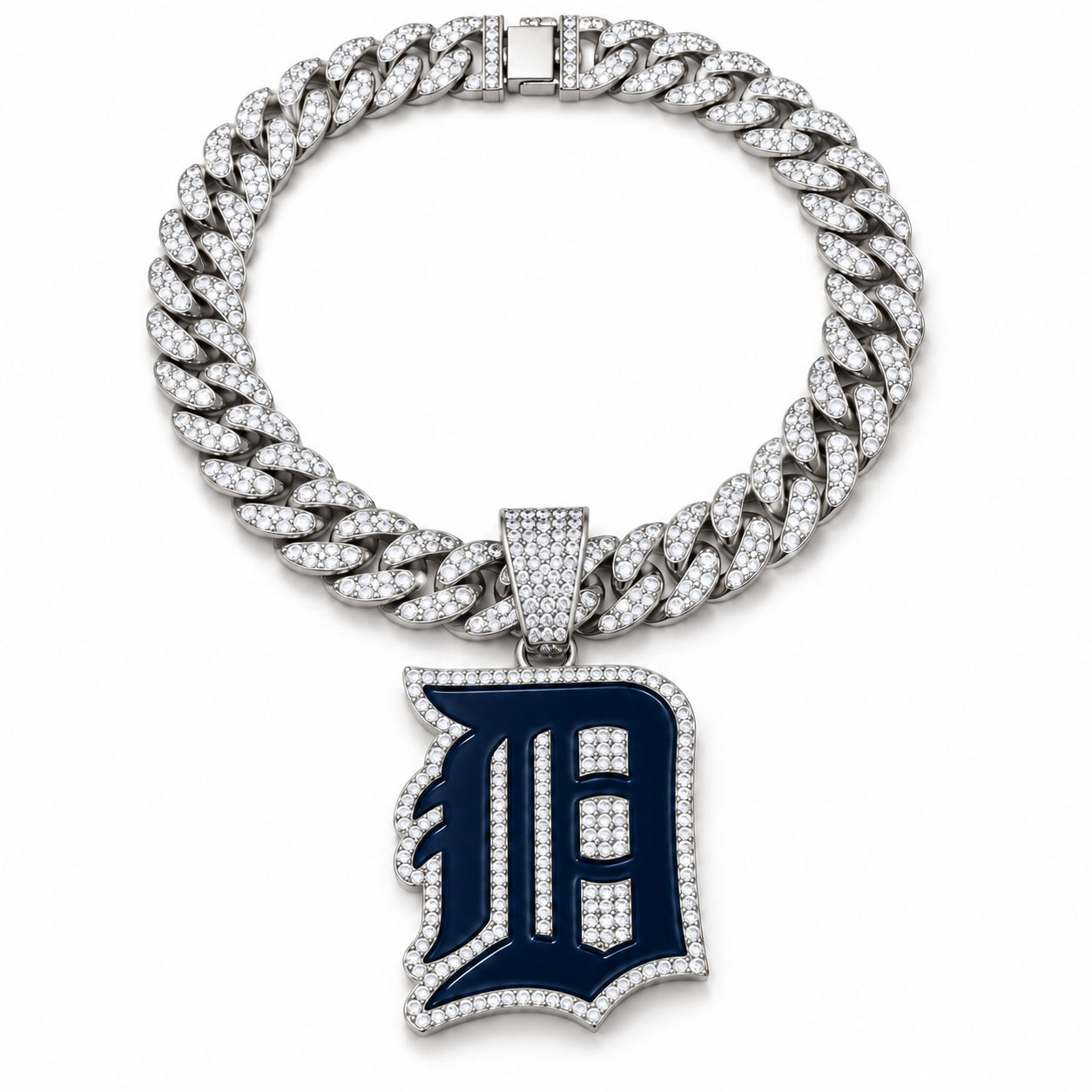 Detroit Tigers Necklace, Gold Iced Cuban Link Chain with Rhinestone Old English D Pendant, Baseball Fan Jewelry