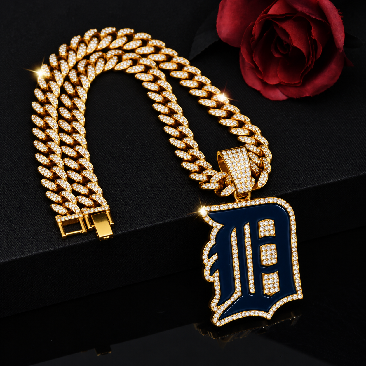 Detroit Tigers Necklace, Gold Iced Cuban Link Chain with Rhinestone Old English D Pendant, Baseball Fan Jewelry