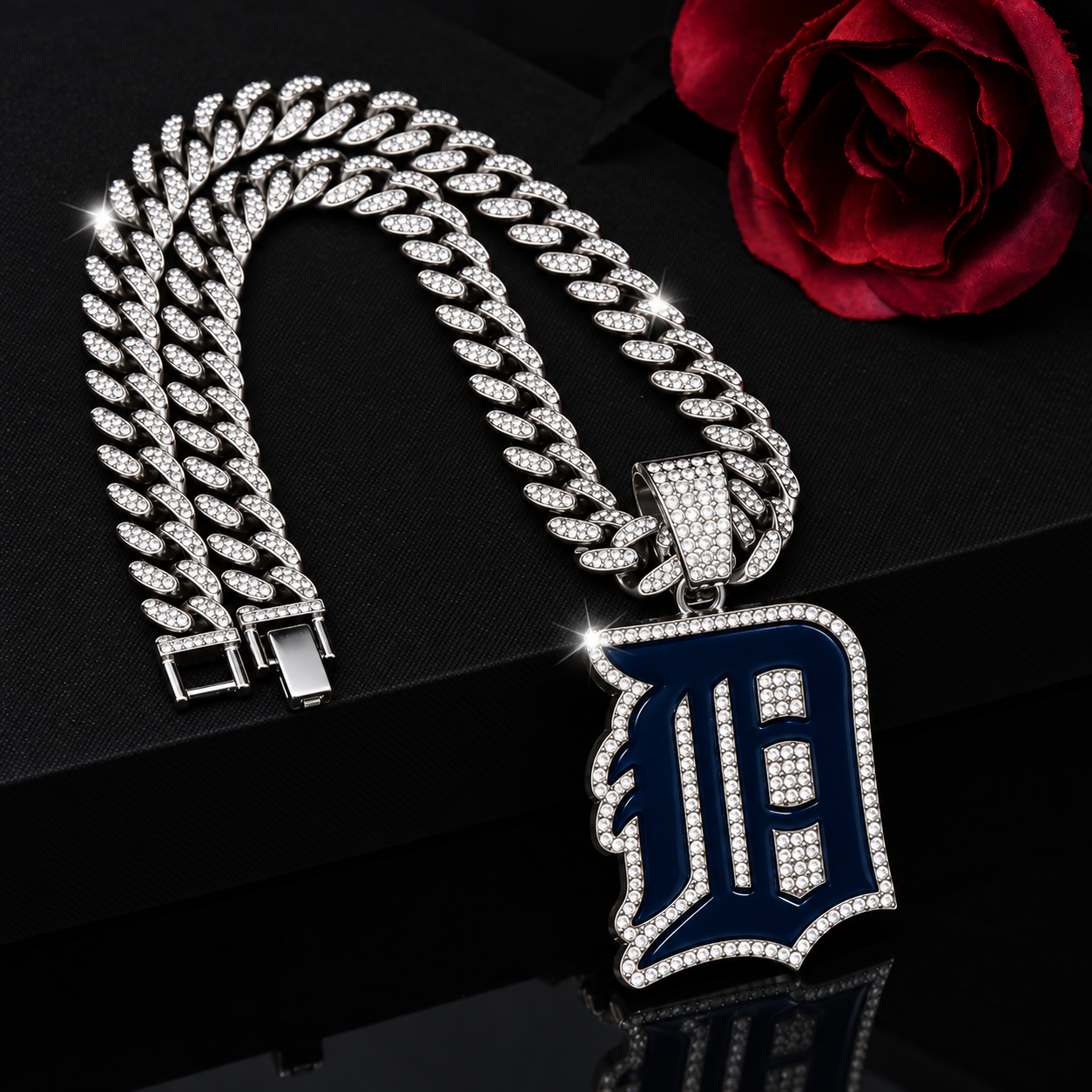 Detroit Tigers Necklace, Gold Iced Cuban Link Chain with Rhinestone Old English D Pendant, Baseball Fan Jewelry