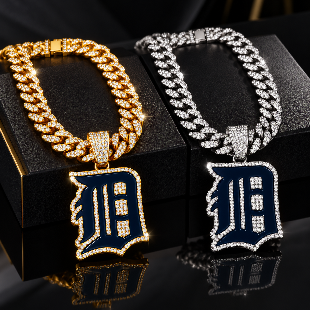 Detroit Tigers Necklace, Gold Iced Cuban Link Chain with Rhinestone Old English D Pendant, Baseball Fan Jewelry
