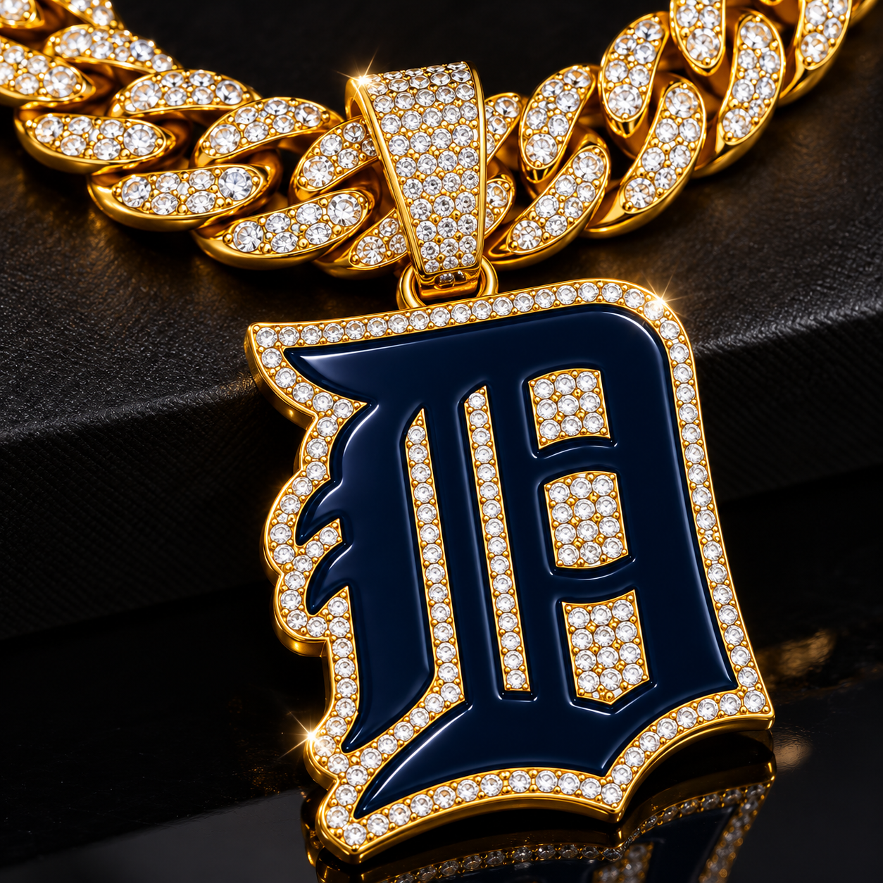 Detroit Tigers Necklace, Gold Iced Cuban Link Chain with Rhinestone Old English D Pendant, Baseball Fan Jewelry
