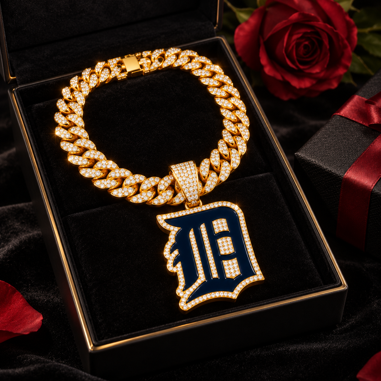 Detroit Tigers Necklace, Gold Iced Cuban Link Chain with Rhinestone Old English D Pendant, Baseball Fan Jewelry