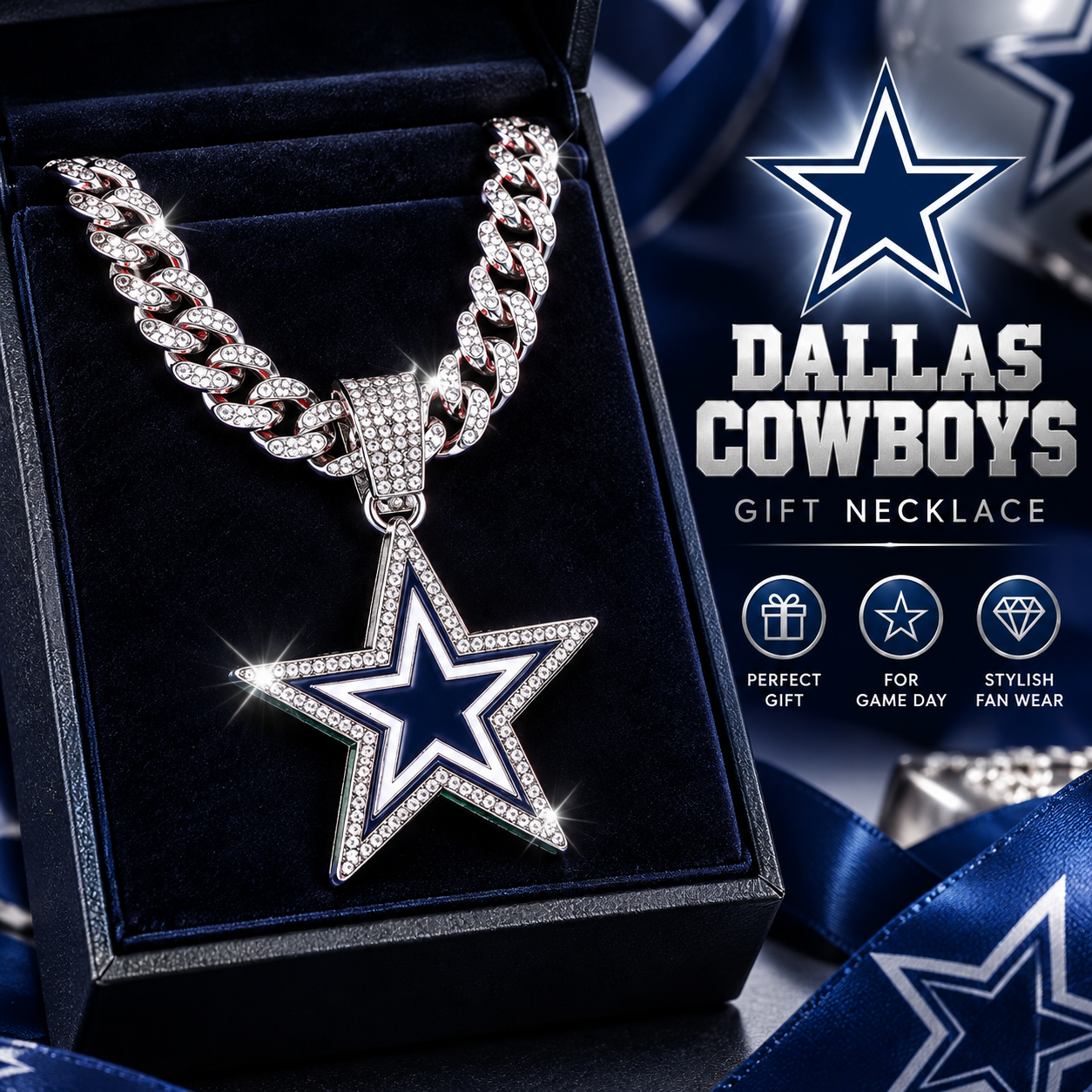 Dallas Cowboys Star Pendant Necklace, Iced Cuban Link Chain, Silver Rhinestone Football Fan Jewelry