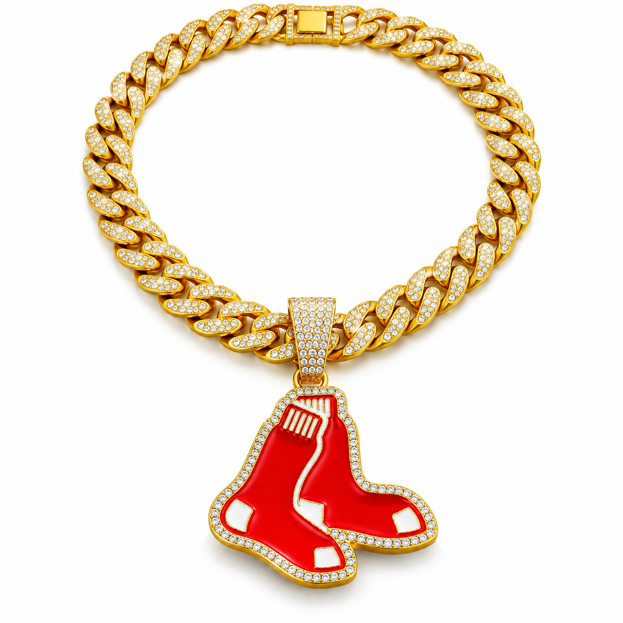 Boston Red Sox Necklace, Gold Iced Cuban Link Chain with Rhinestone Red Sox Pendant, Baseball Fan Jewelry