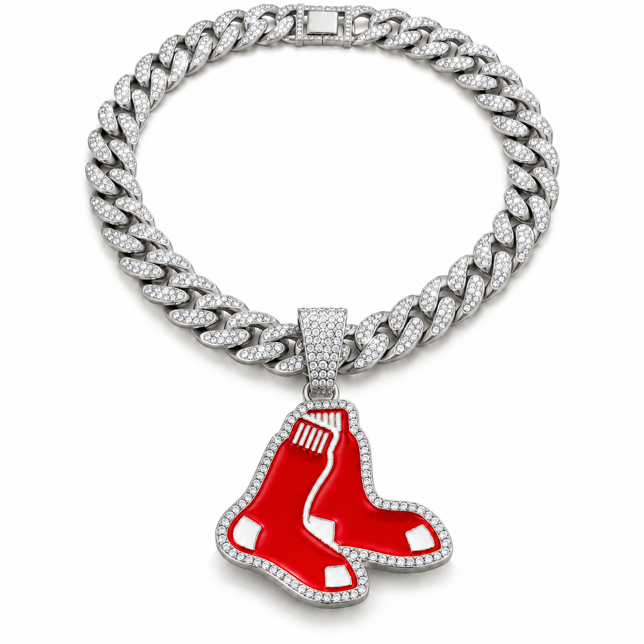 Boston Red Sox Necklace, Gold Iced Cuban Link Chain with Rhinestone Red Sox Pendant, Baseball Fan Jewelry
