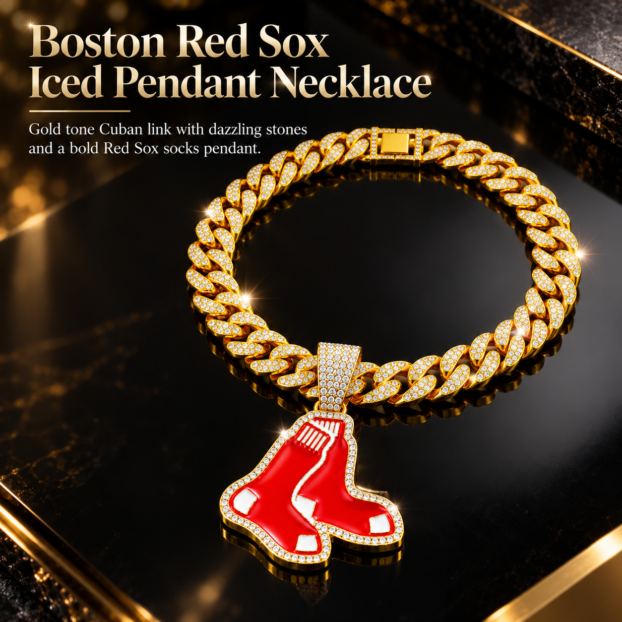 Boston Red Sox Necklace, Gold Iced Cuban Link Chain with Rhinestone Red Sox Pendant, Baseball Fan Jewelry