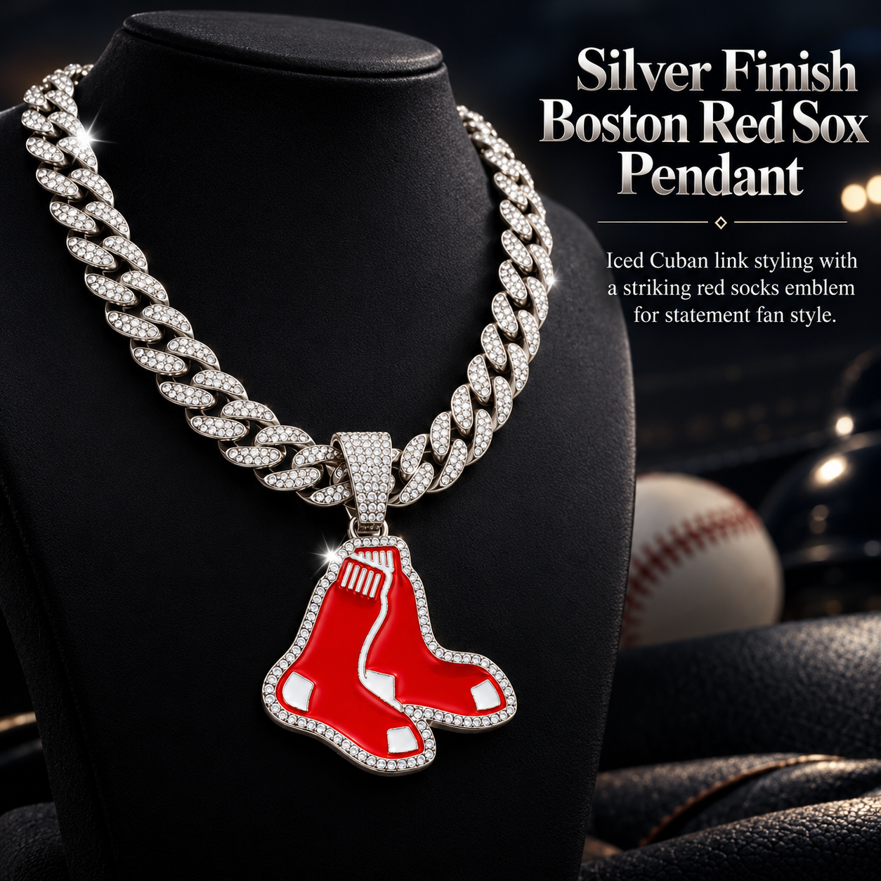 Boston Red Sox Necklace, Gold Iced Cuban Link Chain with Rhinestone Red Sox Pendant, Baseball Fan Jewelry