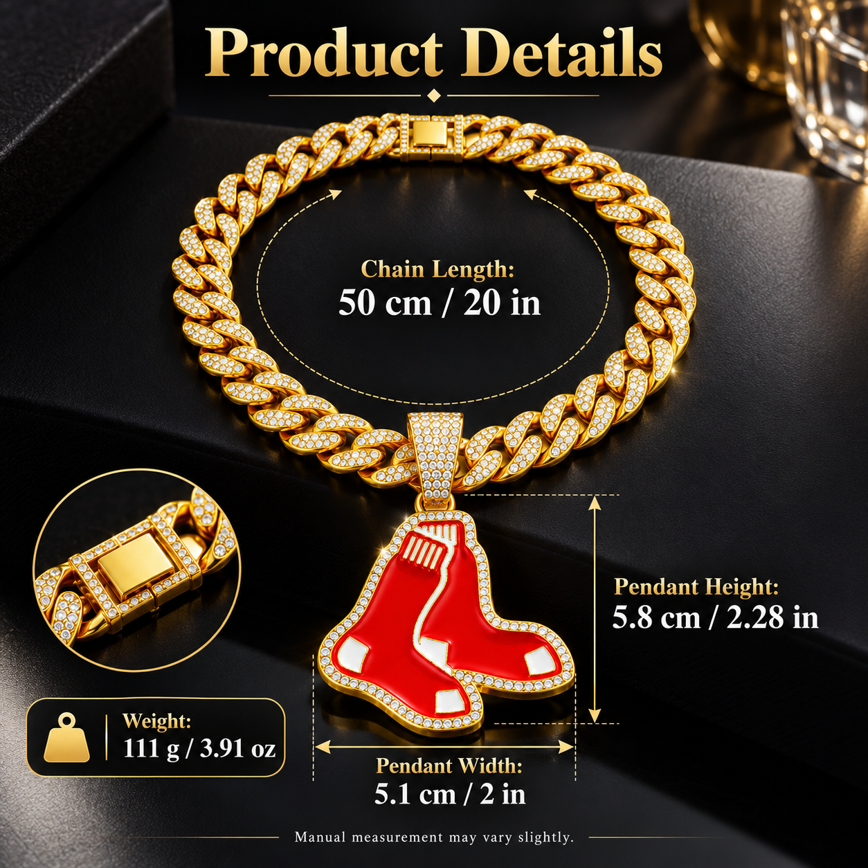 Boston Red Sox Necklace, Gold Iced Cuban Link Chain with Rhinestone Red Sox Pendant, Baseball Fan Jewelry