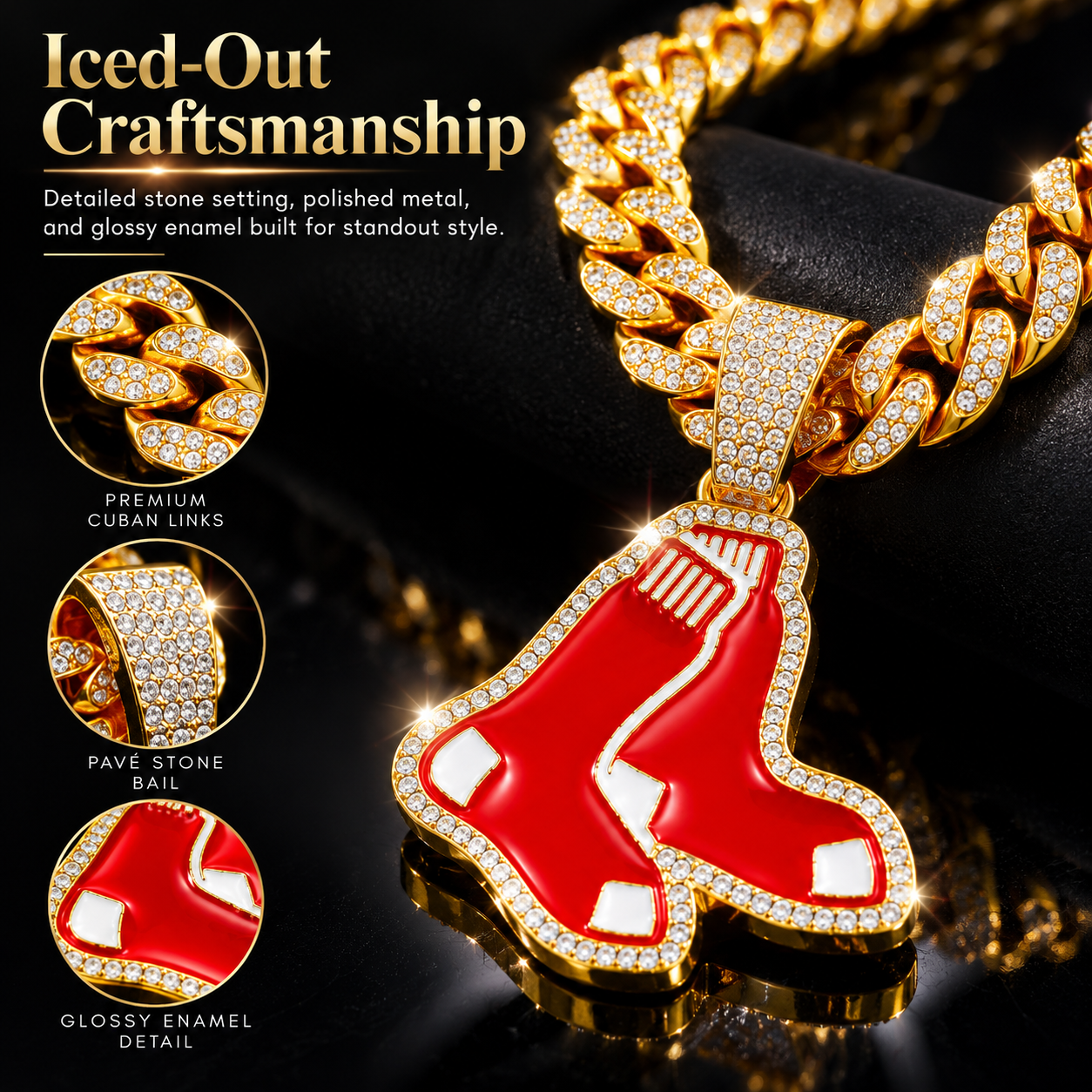 Boston Red Sox Necklace, Gold Iced Cuban Link Chain with Rhinestone Red Sox Pendant, Baseball Fan Jewelry