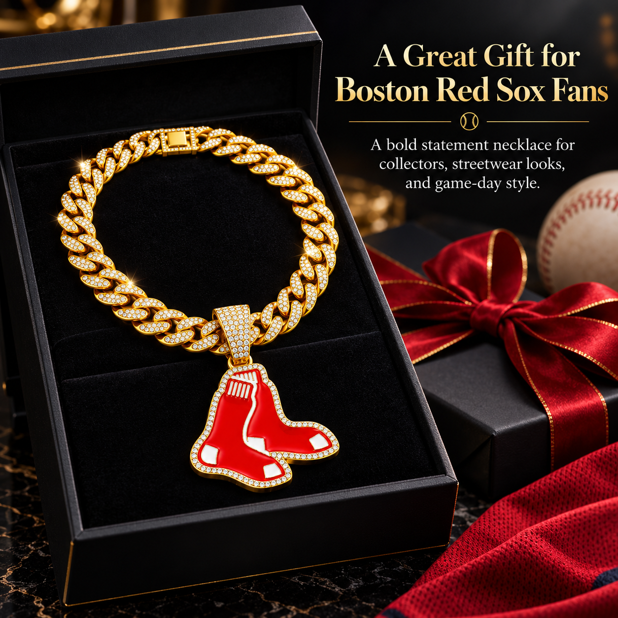 Boston Red Sox Necklace, Gold Iced Cuban Link Chain with Rhinestone Red Sox Pendant, Baseball Fan Jewelry
