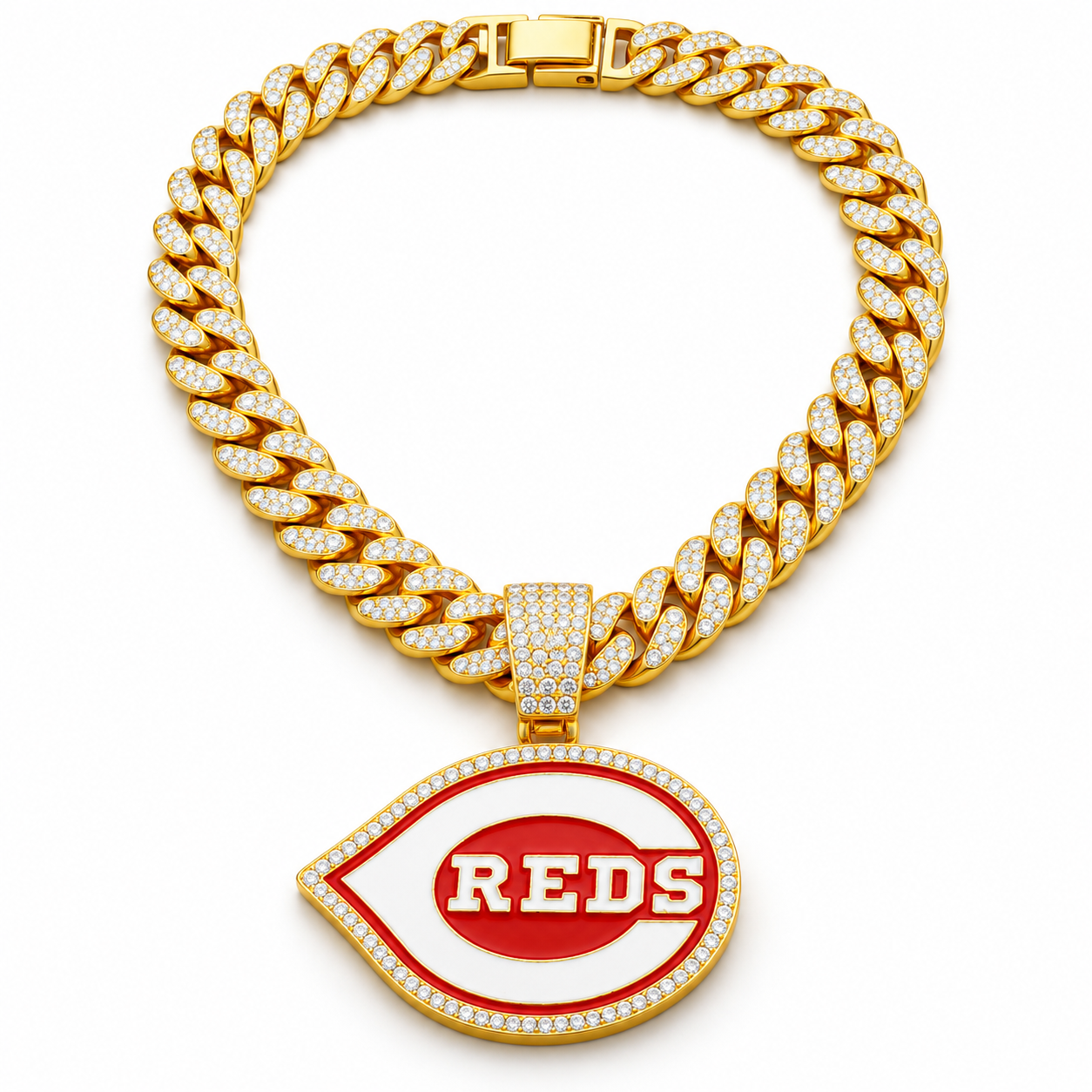 Cincinnati Reds Necklace, Gold Iced Cuban Link Chain with Rhinestone Reds Logo Pendant, Baseball Fan Jewelry