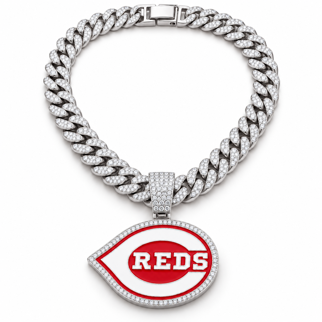 Cincinnati Reds Necklace, Gold Iced Cuban Link Chain with Rhinestone Reds Logo Pendant, Baseball Fan Jewelry