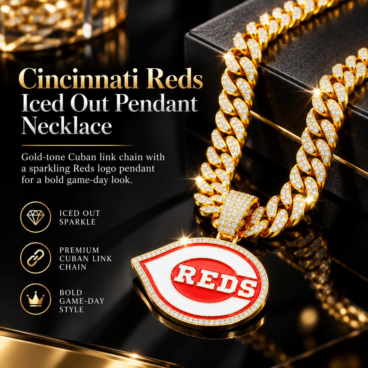 Cincinnati Reds Necklace, Gold Iced Cuban Link Chain with Rhinestone Reds Logo Pendant, Baseball Fan Jewelry