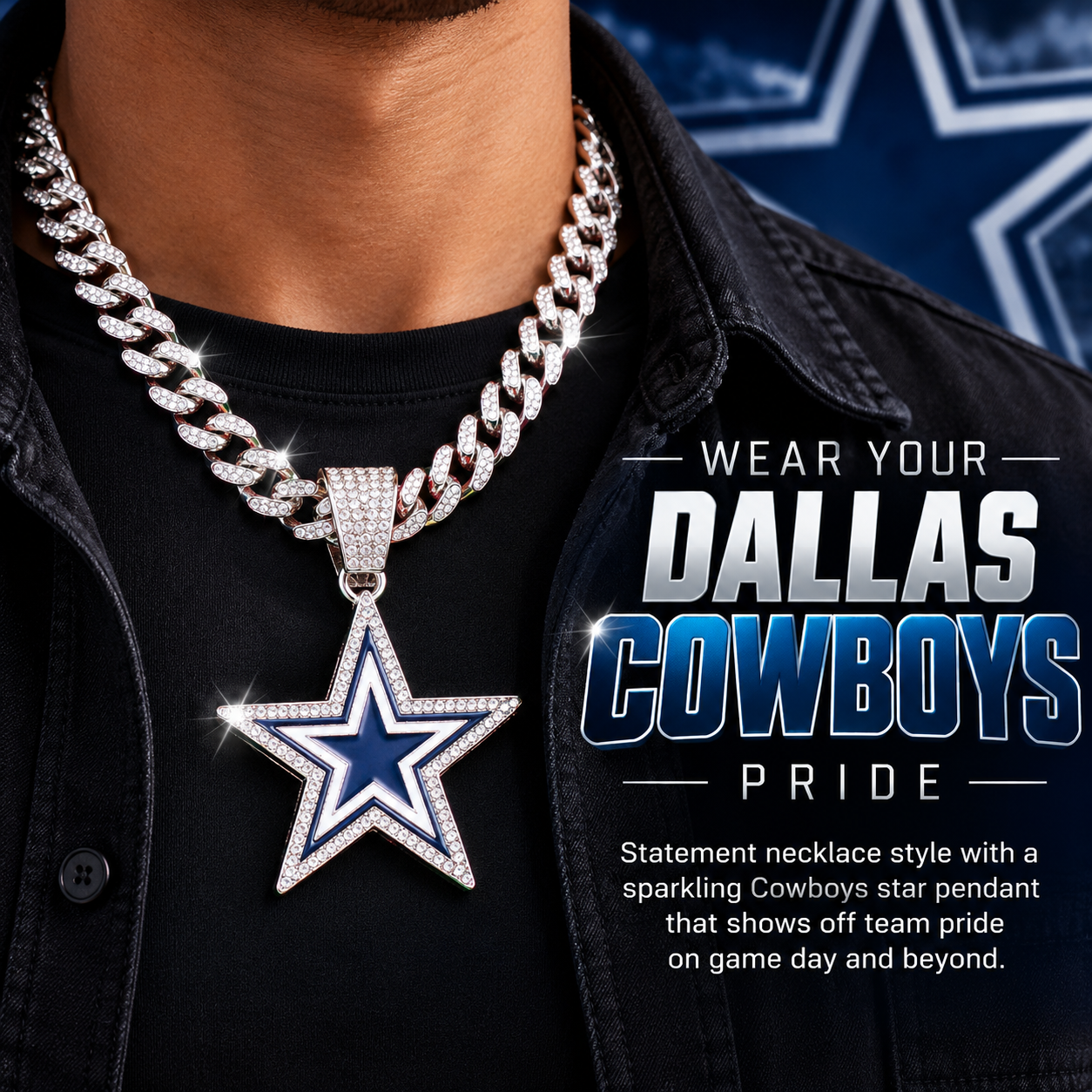 Dallas Cowboys Star Pendant Necklace, Iced Cuban Link Chain, Silver Rhinestone Football Fan Jewelry
