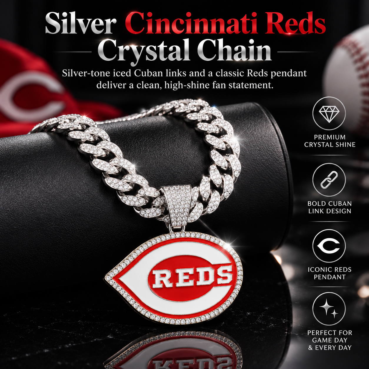 Cincinnati Reds Necklace, Gold Iced Cuban Link Chain with Rhinestone Reds Logo Pendant, Baseball Fan Jewelry